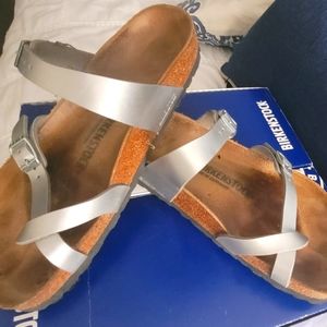 Birkenstock Silver Strappy Cork Footbed Sandals
